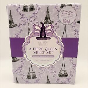 Willow Wonders Queen Sheet Set 4pc Lavender Witch Hat Broom Halloween Bedding
